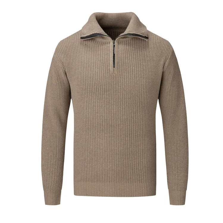 Pull homme beige en maille épaisse à col montant zippé