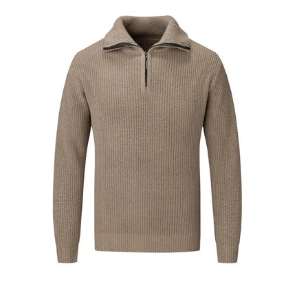 Pull homme beige en maille épaisse à col montant zippé