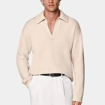 Pull homme crème clair en maille épaisse à col en V