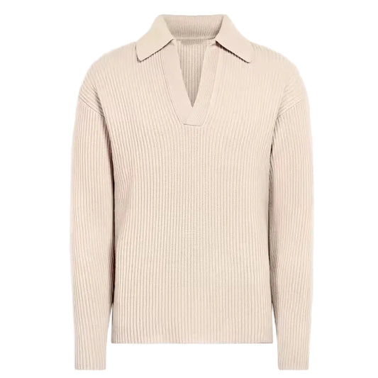 Pull homme crème clair en maille épaisse à col en V